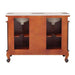 Double-sink bathroom vanity in warm orange wood tone with curved legs, white marble top and storage compartments.