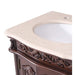 Ornate wooden bathroom vanity with carved dark brown cabinet and cream marble countertop with white sink basin.