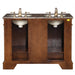 Wooden bathroom vanity with granite top, two white sinks, and brass faucets, featuring open storage compartments on sides.