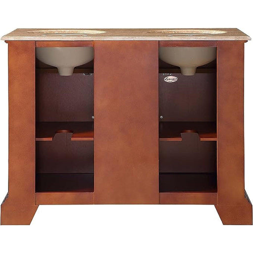 Wooden bathroom vanity with marble top, two undermount sinks, and dark brown storage cabinet with shelves.