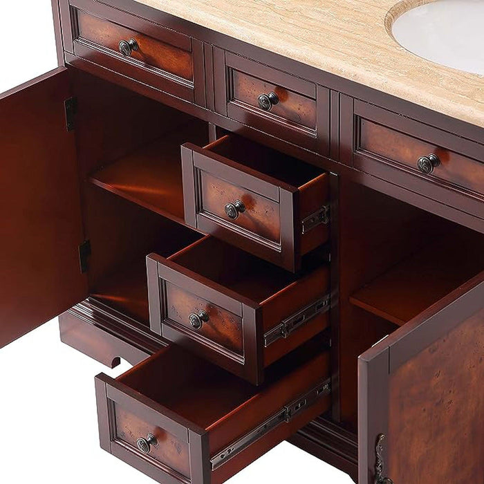 Rich mahogany vanity with multiple open drawers showing dark wood grain and antique brass drawer pulls