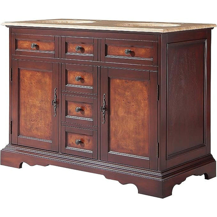 Traditional wood sideboard with rich mahogany finish, featuring 3 top drawers and 2 cabinet doors with decorative hardware and carved base.