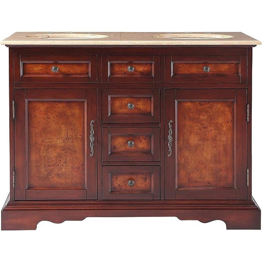 Rich mahogany bathroom vanity with marble top, three center drawers and two side cabinets with ornate metal hardware.