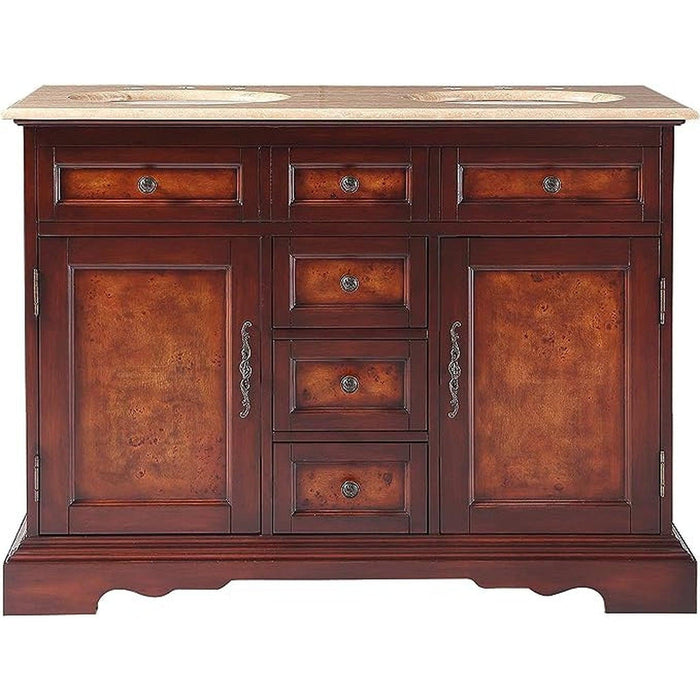 Rich mahogany bathroom vanity with marble top, three center drawers and two side cabinets with ornate metal hardware.