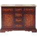 Rich mahogany bathroom vanity with marble top, three center drawers and two side cabinets with ornate metal hardware.