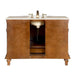 Wooden bathroom vanity with white marble top, bronze faucet, and decorative carved legs, featuring open storage beneath the sink.