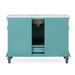 Teal bathroom vanity with white marble top, decorative legs, and center cabinet with open storage space