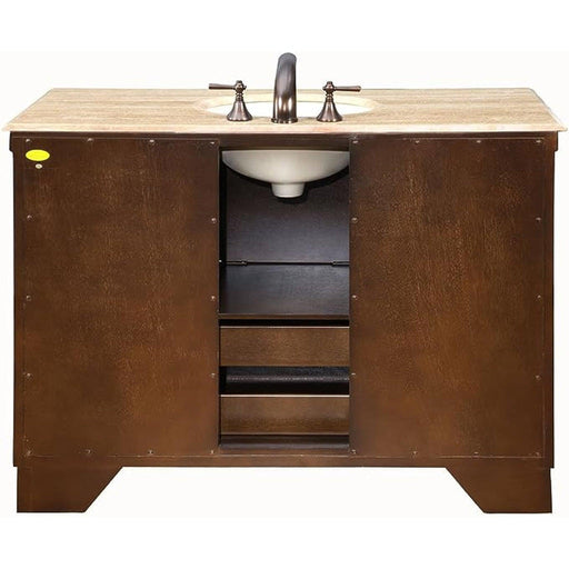 Dark wood bathroom vanity with stone countertop, oval sink, and bronze faucet fixtures, featuring side cabinets and center shelving.
