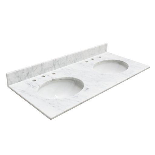 White marble bathroom vanity top with two oval undermount sinks and faucet holes, featuring a sleek design.