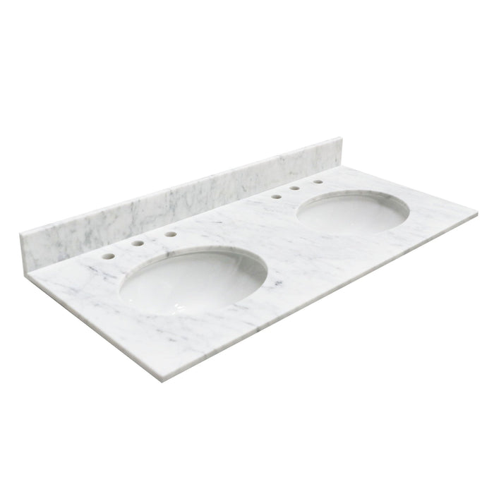 White marble bathroom vanity top with two oval undermount sinks and faucet holes, featuring a sleek design.