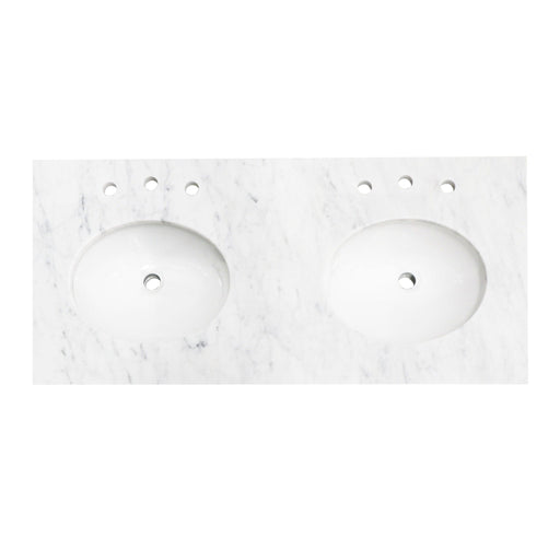 White marble double vanity top with two oval undermount sinks and faucet holes.