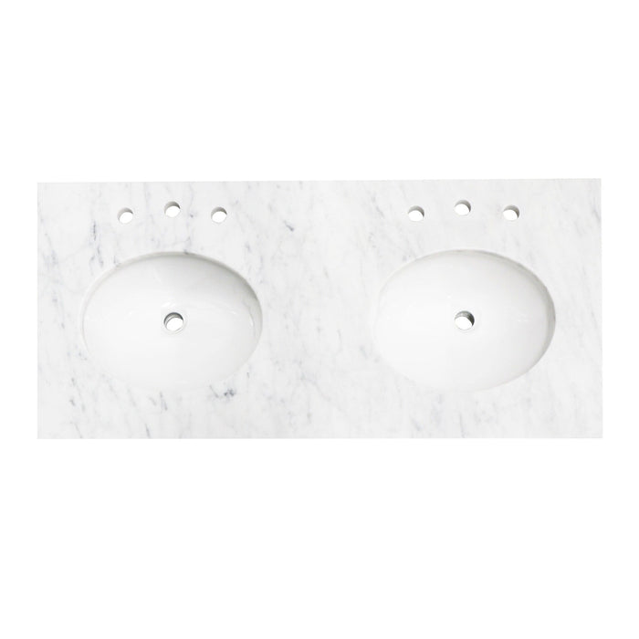 White marble double vanity top with two oval undermount sinks and faucet holes.