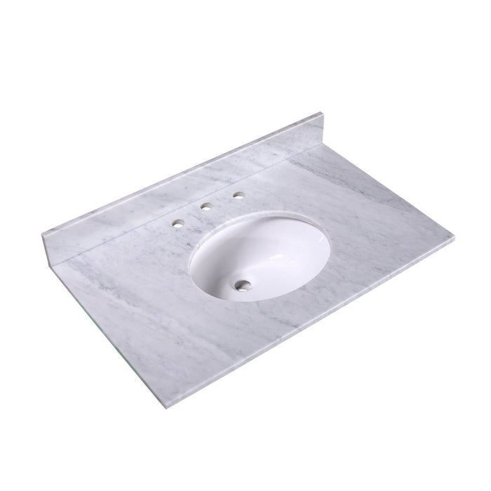 Marble bathroom vanity top with white oval undermount sink and three faucet holes.