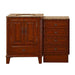 Cherry wood bathroom vanity with marble top, featuring cabinet doors and four drawers with ornate hardware