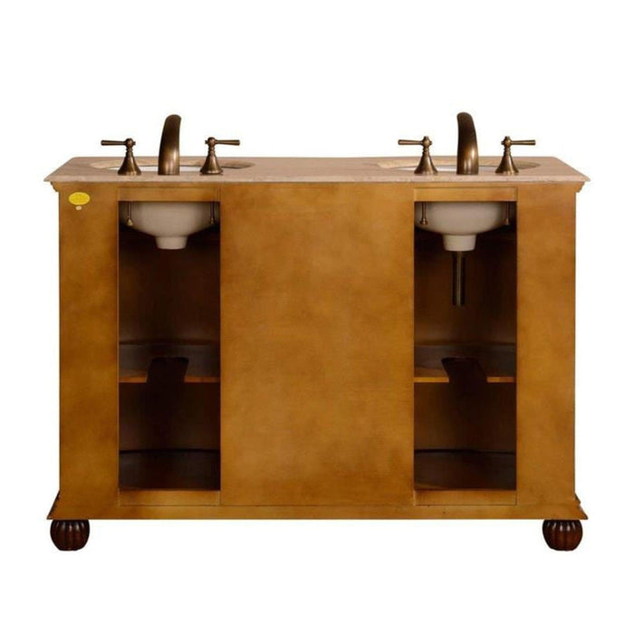 Wooden double-sink bathroom vanity with bronze faucets and marble countertop, featuring open storage shelves and decorative round feet.