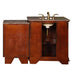 Cherry wood bathroom vanity with granite countertop, white sink, and brass faucet handles, featuring open storage compartment and side cabinet.
