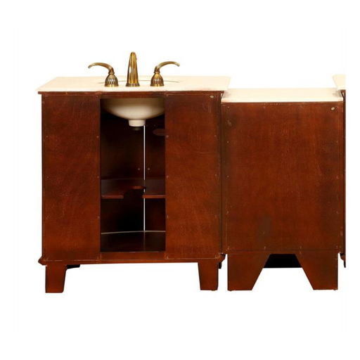 Wooden bathroom vanity with cream marble top, brass faucet fixtures, and open shelving cabinet design.