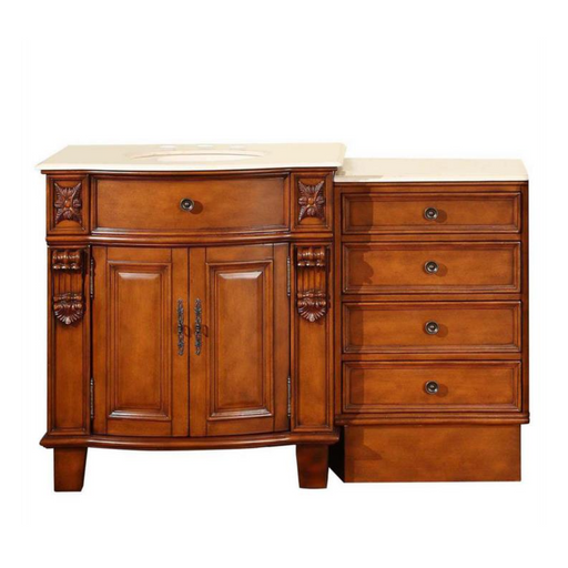 Traditional wooden vanity with carved details, curved cabinet doors, four drawers, and cream marble top.