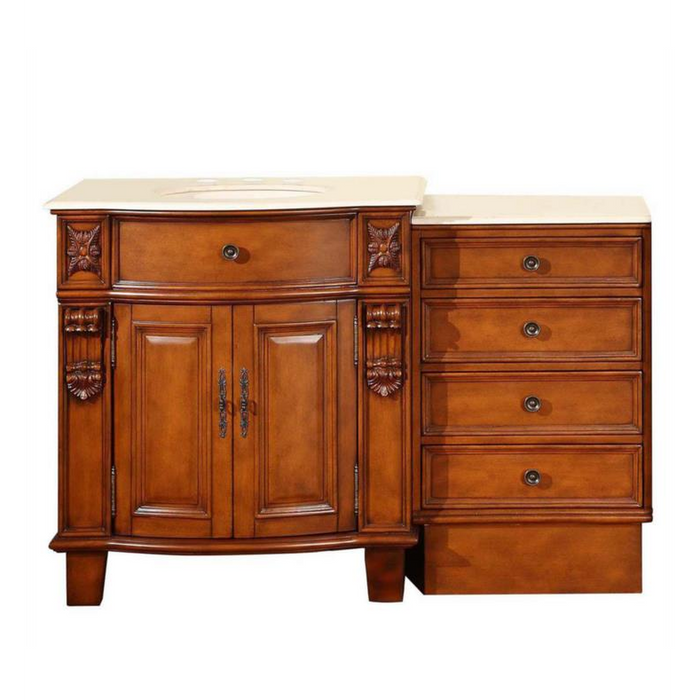 Traditional wooden vanity with carved details, curved cabinet doors, four drawers, and cream marble top.