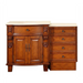 Traditional wooden vanity with carved details, curved cabinet doors, four drawers, and cream marble top.