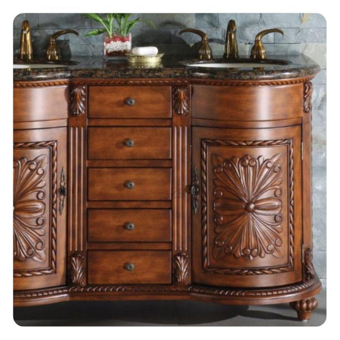 Ornate wooden bathroom vanity with curved design, intricate carved panels, marble top, and brass faucets, showcasing detailed craftsmanship.