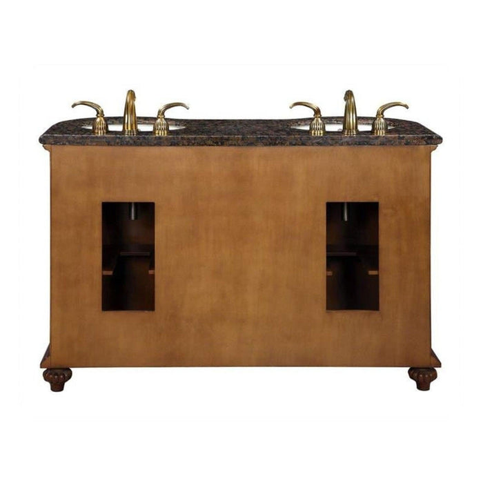 Luxurious double-sink bathroom vanity with marble top, golden faucets, and warm wood cabinet with open storage shelves.