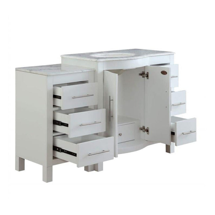 White bathroom vanity with marble top, three drawers open, showing storage space and modern design.