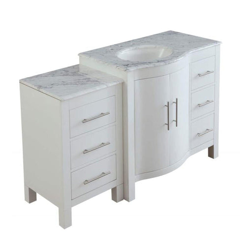 White bathroom vanity set with marble countertop, featuring drawers, cabinet, and oval sink in modern design.