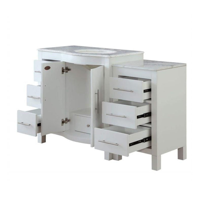 White bathroom vanity with marble top, open cabinet door, and three pull-out drawers on side, clean modern design