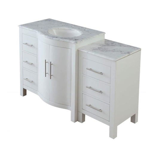 White bathroom vanity with marble countertop, featuring two cabinets with drawers and silver hardware.