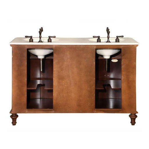 Double vanity with white marble top, brown wooden base, dark bronze faucets, and open storage shelves on each side.