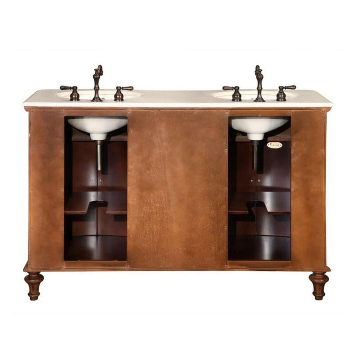 Double vanity with white marble top, brown wooden base, dark bronze faucets, and open storage shelves on each side.