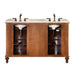Double vanity with white marble top, brown wooden base, dark bronze faucets, and open storage shelves on each side.