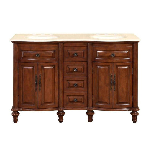 Rich mahogany sideboard with curved cabinet doors, central drawers, and turned legs supporting a cream marble top.