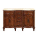 Rich mahogany sideboard with curved cabinet doors, central drawers, and turned legs supporting a cream marble top.