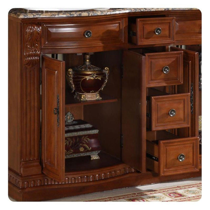 Rich mahogany side cabinet with marble top, decorative urn, and multiple drawers, showcasing elegant woodworking details.
