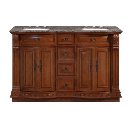 Rich wood bathroom vanity with marble top, four drawers, and two cabinet doors with ornate hardware.
