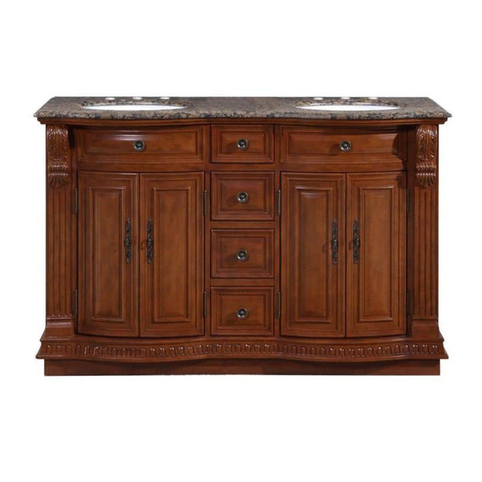 Rich wood bathroom vanity with marble top, four drawers, and two cabinet doors with ornate hardware.