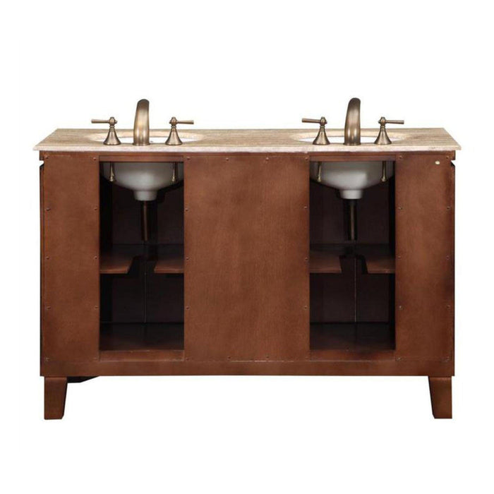 Silkroad Exclusive 55" Double Sink Dark Walnut Bathroom Vanity With Travertine Countertop and White Ceramic Undermount Sink