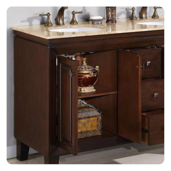 Silkroad Exclusive 55" Double Sink Dark Walnut Bathroom Vanity With Travertine Countertop and White Ceramic Undermount Sink