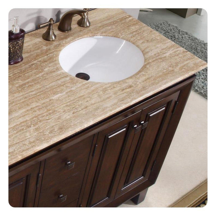 Silkroad Exclusive 55" Double Sink Dark Walnut Bathroom Vanity With Travertine Countertop and White Ceramic Undermount Sink