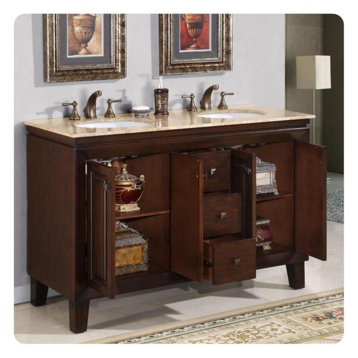 Silkroad Exclusive 55" Double Sink Dark Walnut Bathroom Vanity With Travertine Countertop and White Ceramic Undermount Sink