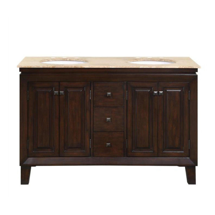 Silkroad Exclusive 55" Double Sink Dark Walnut Bathroom Vanity With Travertine Countertop and White Ceramic Undermount Sink