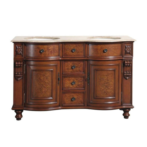 Ornate wooden bathroom vanity with curved drawers, marble top, and two oval sinks in rich brown finish.