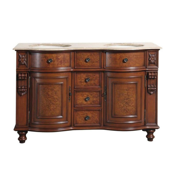 Ornate wooden bathroom vanity with curved drawers, marble top, and two oval sinks in rich brown finish.