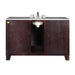 Dark wood bathroom vanity with white marble top and central undermount sink with silver faucet handles.