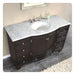 Dark wood bathroom vanity with white marble countertop, integrated sink, and decorative drawer pulls