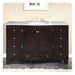 Dark wood bathroom vanity with marble countertop, centered sink, chrome faucet, and six drawers with round silver knobs.