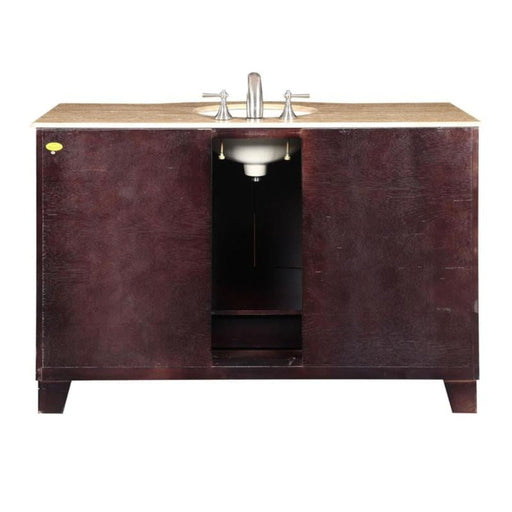 Dark wood bathroom vanity with beige stone top and oval undermount sink, silver faucet fixtures centered on cabinet.