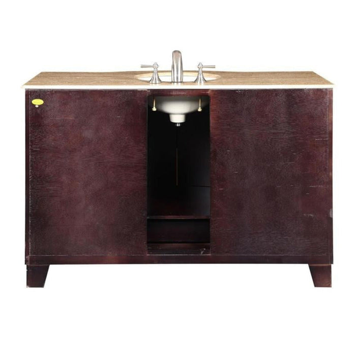 Dark wood bathroom vanity with beige stone top and oval undermount sink, silver faucet fixtures centered on cabinet.